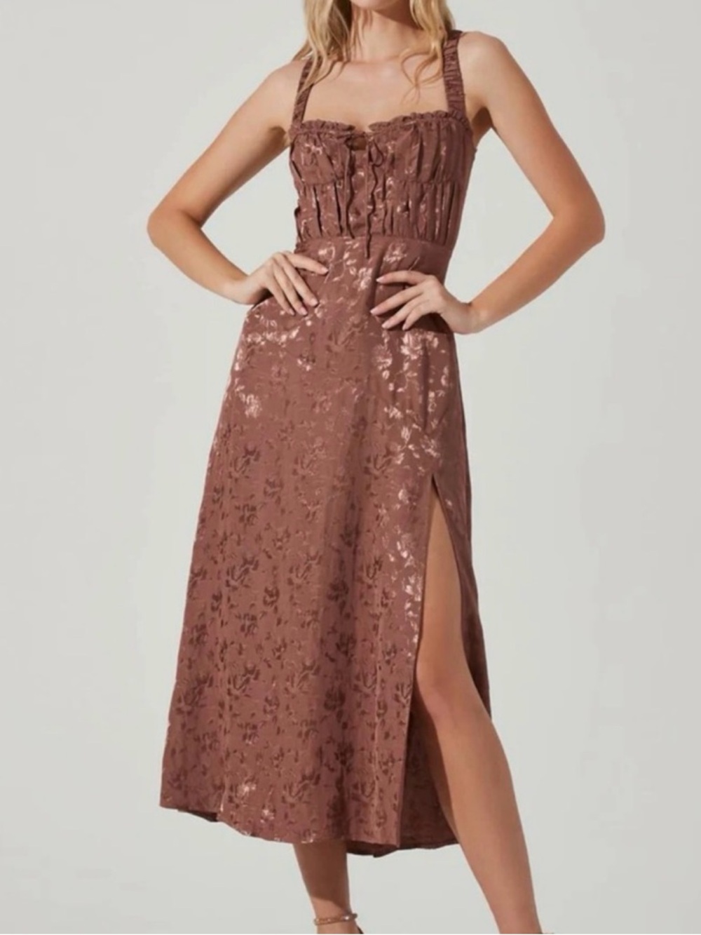 ASTR the Label Brown Floral Midi Dress with Slit